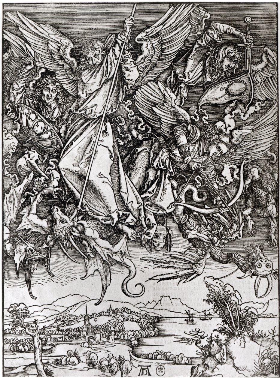 St. Michael and the Dragon, fra en latinsk utgave, 1511 (xylograf) av Albrecht Dürer