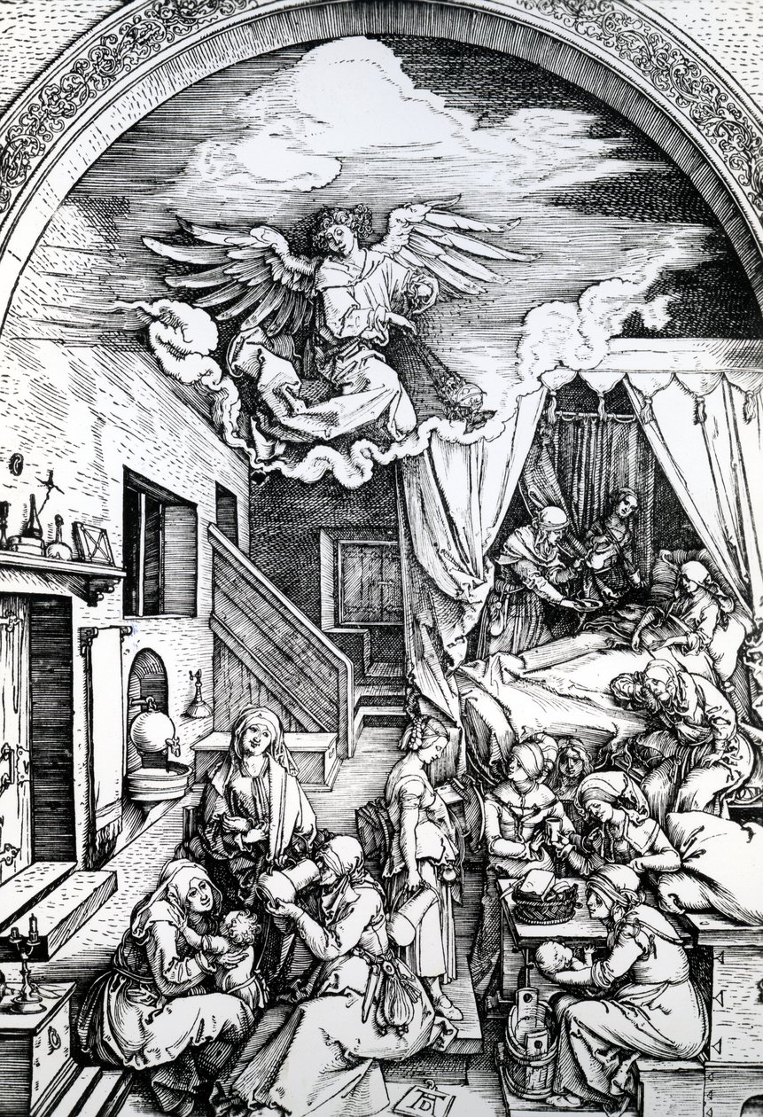 Jomfruens fødsel, fra Jomfruens livssyklus, 1511 (tresnitt på papir) av Albrecht Dürer