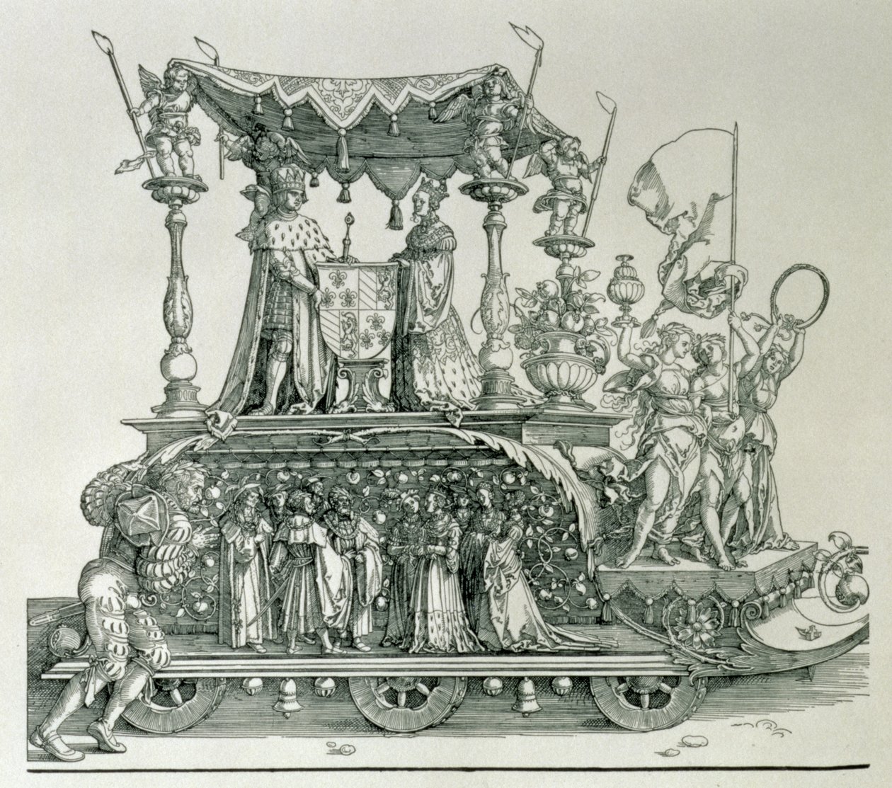 Det burgundiske ekteskapet eller triumftoget til keiser Maximilian I av Tyskland (1459-1519) som viser bryllupsvognen til Maximilian og Maria av Burgund (1458-82) styrt av figuren Vic av Albrecht Dürer