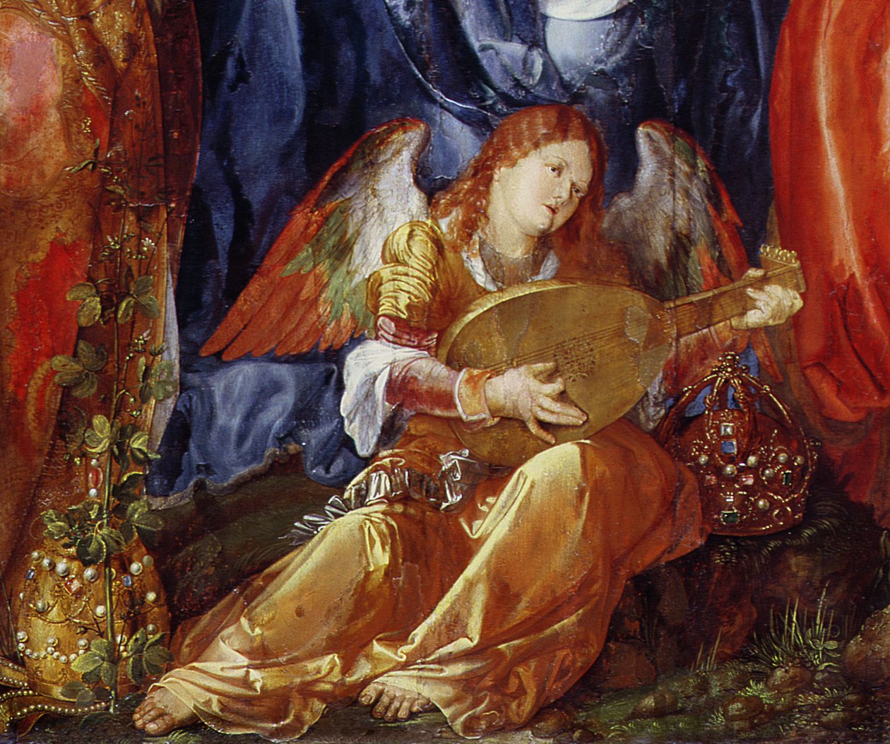 The Feast of the Rose Garlands, detalj av englemusikeren, 1506 (detalj av 157023) av Albrecht Dürer