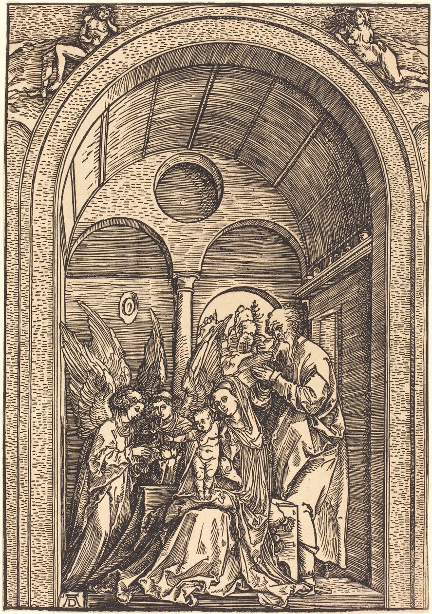 Den hellige familien med to engler i en hvelvet hall av Albrecht Dürer