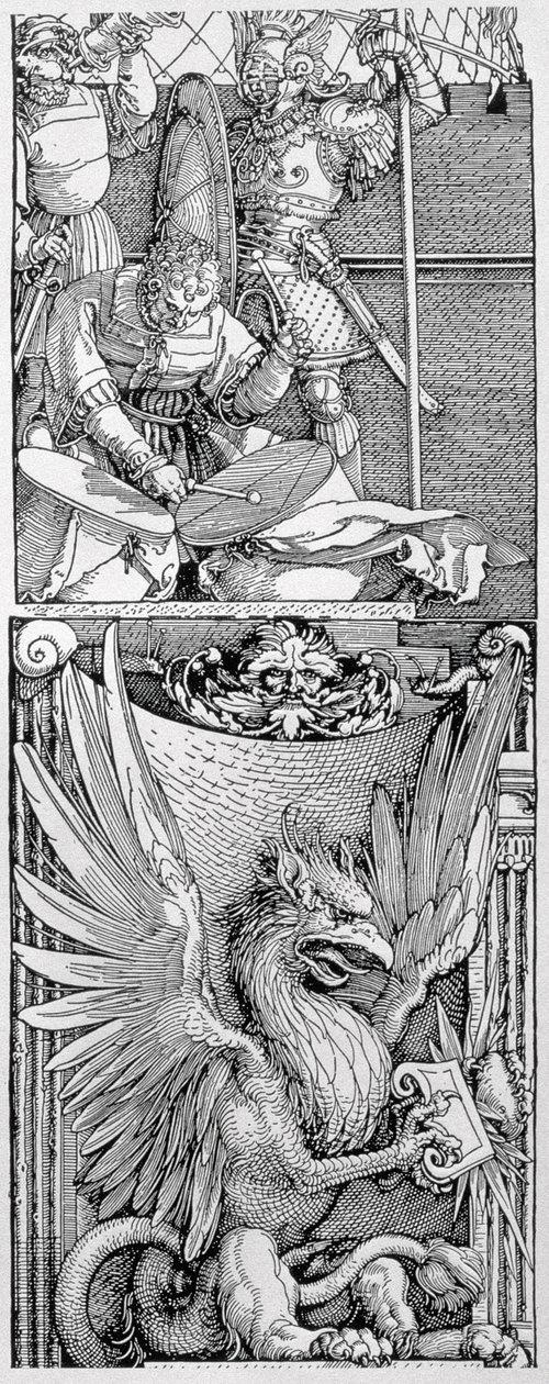 Triumfbuen til keiser Maximilian I (1459-1519): detalj av søyleutsmykning som viser en bevinget griffin under en figur som slår to trommer, en ridder i rustning og en herald, datert 1515, pub. 151 av Albrecht Dürer