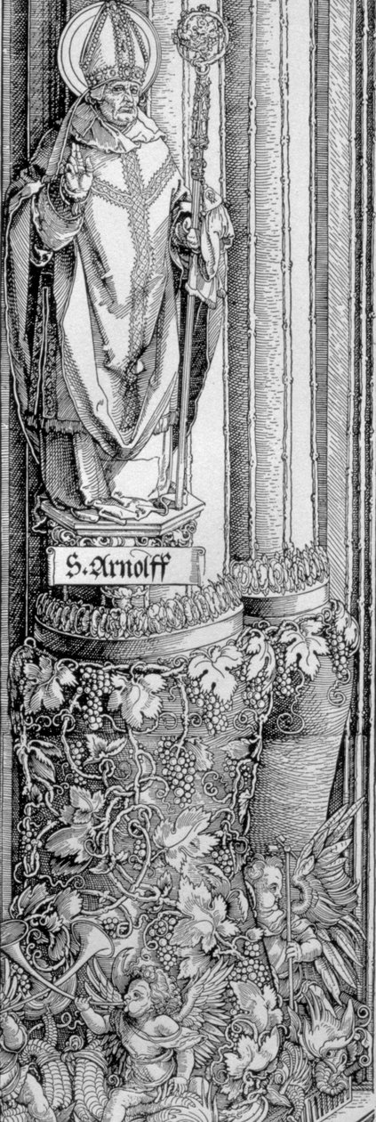 Triumfbuen til keiser Maximilian I av Tyskland (1459-1519): detalj av søylen fra venstre port som viser statuen av St. Arnulf (d.643) med en vinranke under og kjeruber som blåser i trompeter, pub. av Albrecht Dürer