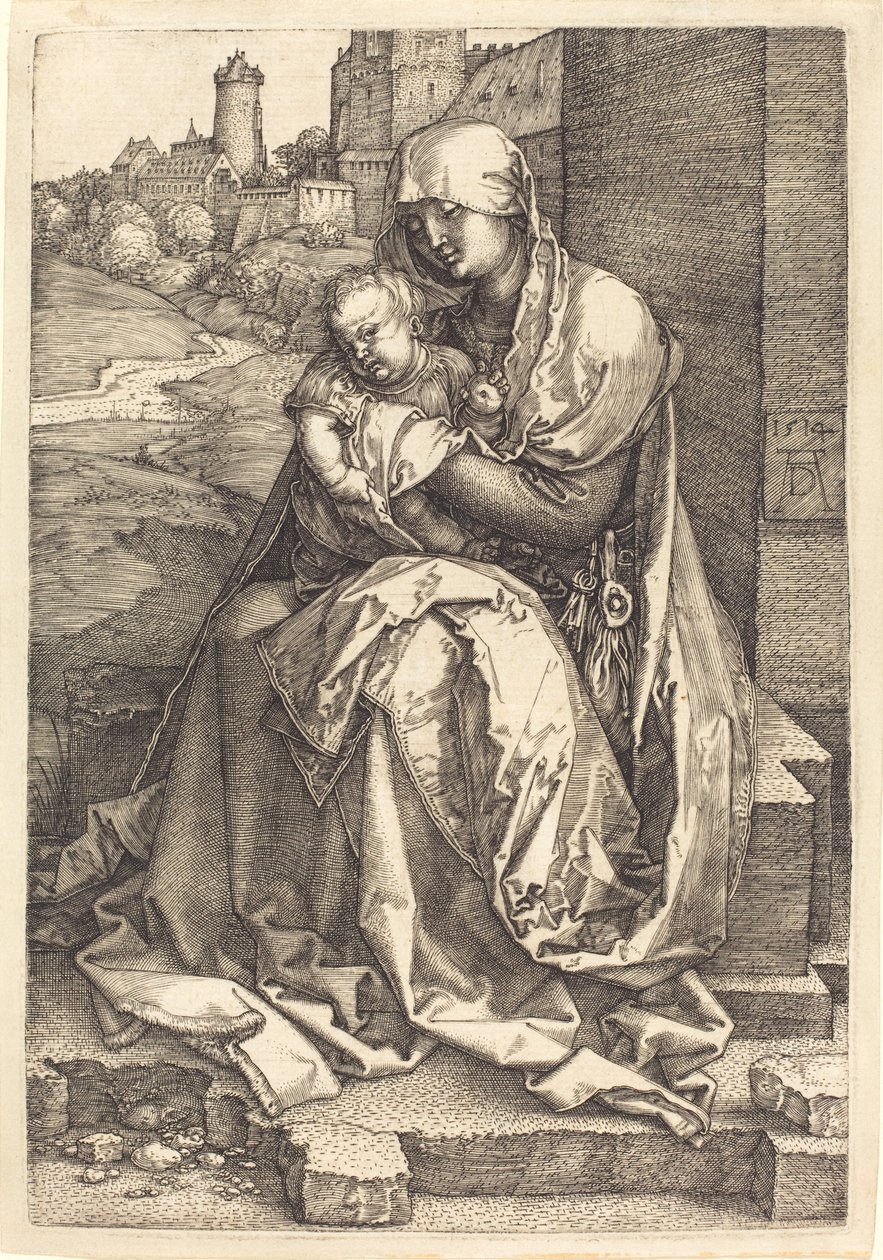 Jomfruen og barnet sitter ved veggen av Albrecht Dürer