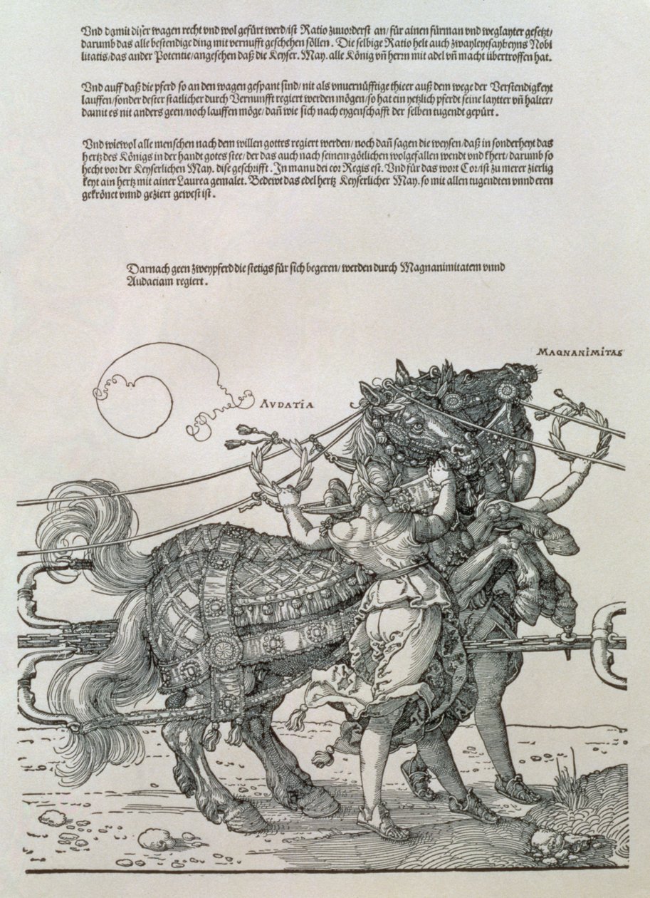 Triumfvogn av keiser Maximilian I av Tyskland (1459-1519): detalj av hestelagene, guidet av to dyder, storsinnethet og frekkhet av Albrecht Dürer
