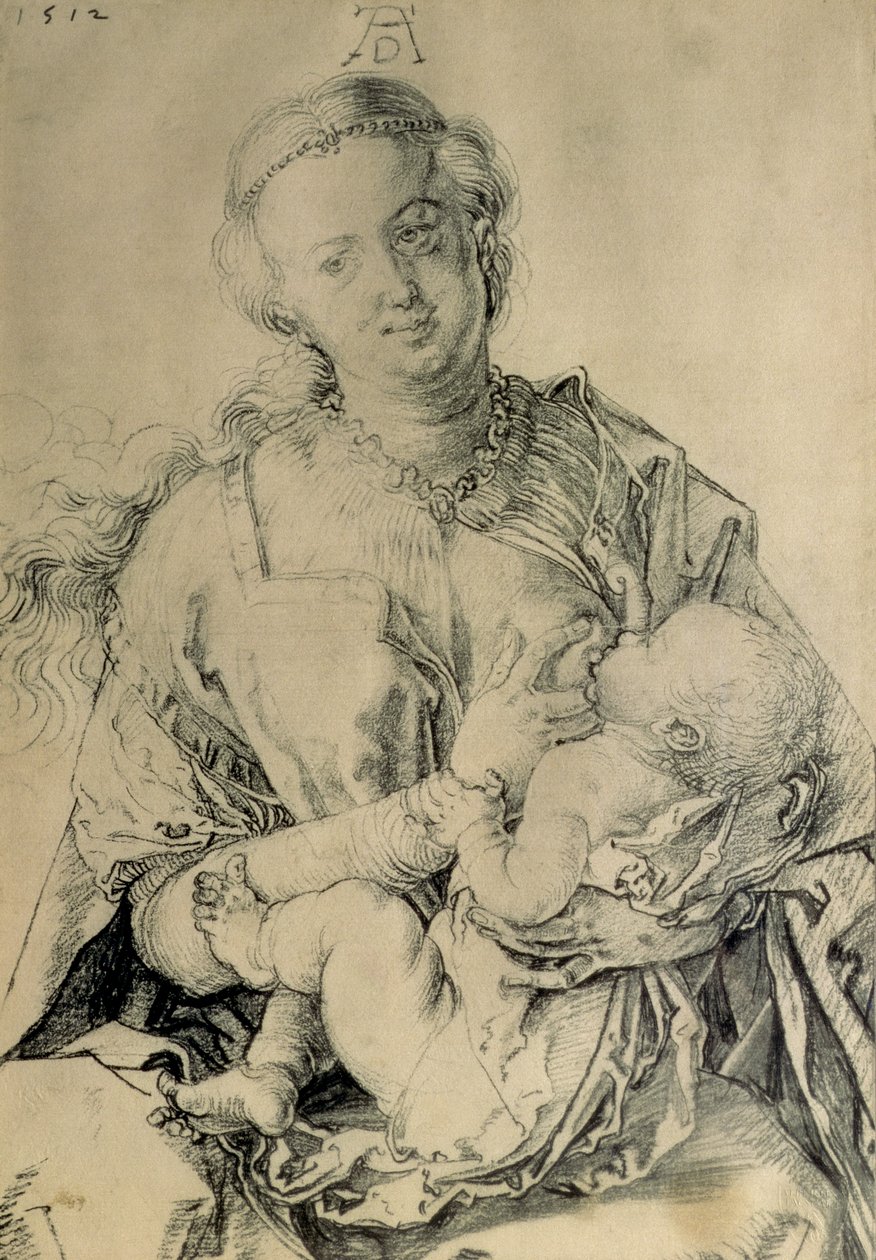 Jomfru Maria dier Kristusbarnet, 1512 (kulltegning) av Albrecht Dürer