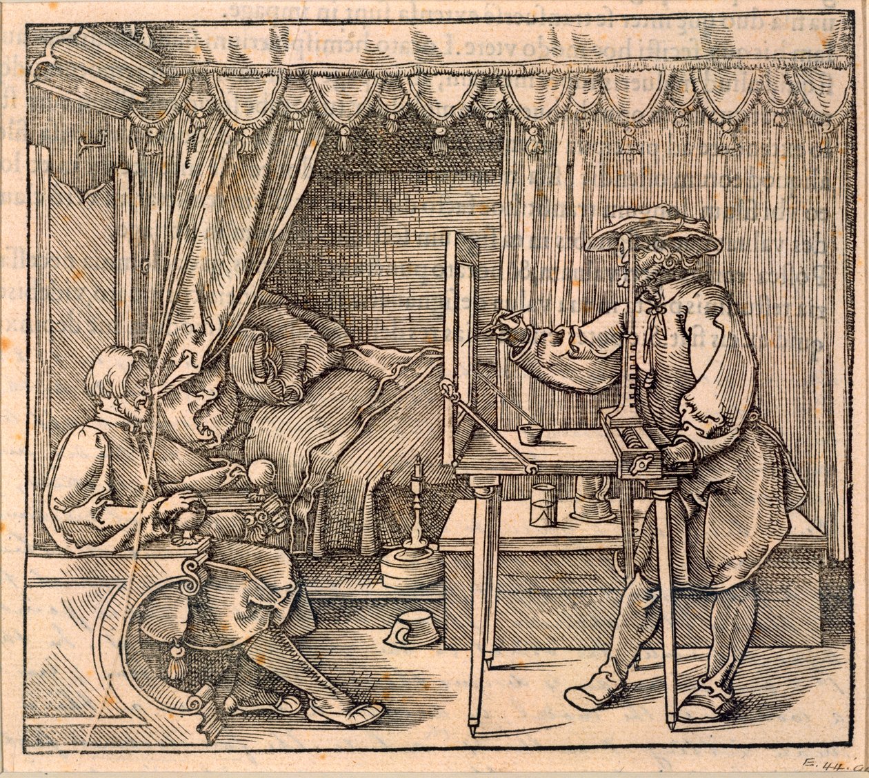 En tegner som tar detaljer for et portrett, ved hjelp av et perspektivapparat for å tegne på glass, fra 'Course in the Art of Drawing' av Albrecht Durer, publisert Nürnberg 1525 (se også 2 av Albrecht Dürer