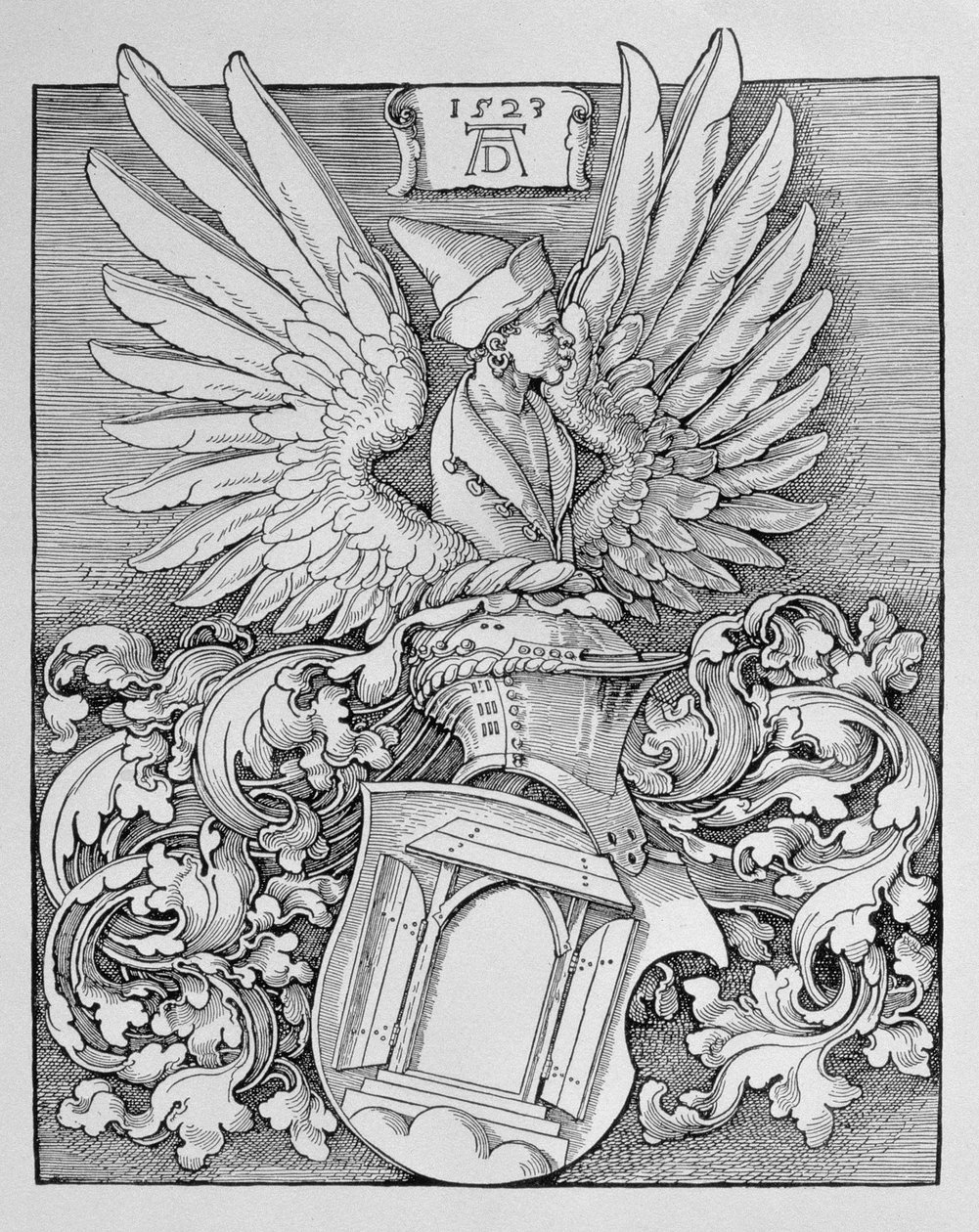 Våpenskjold fra familien Durer, med kunstnerens monogram og plass til en inskripsjon, 1523 av Albrecht Dürer