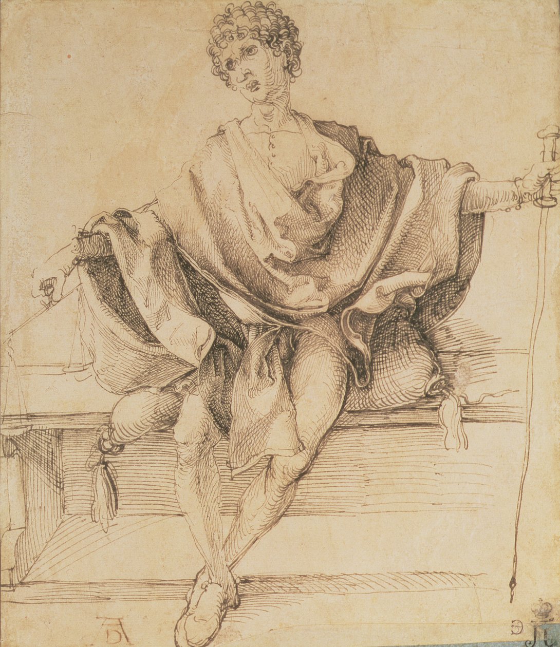 Sittende ungdom med vekt og stokk, 1498 (penn og blekk) av Albrecht Dürer