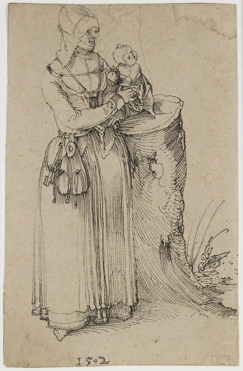 Stående figur av en kvinne som holder et barn, 1502 (penn og indisk blekk på misfarget brunaktig papir) av Albrecht Dürer