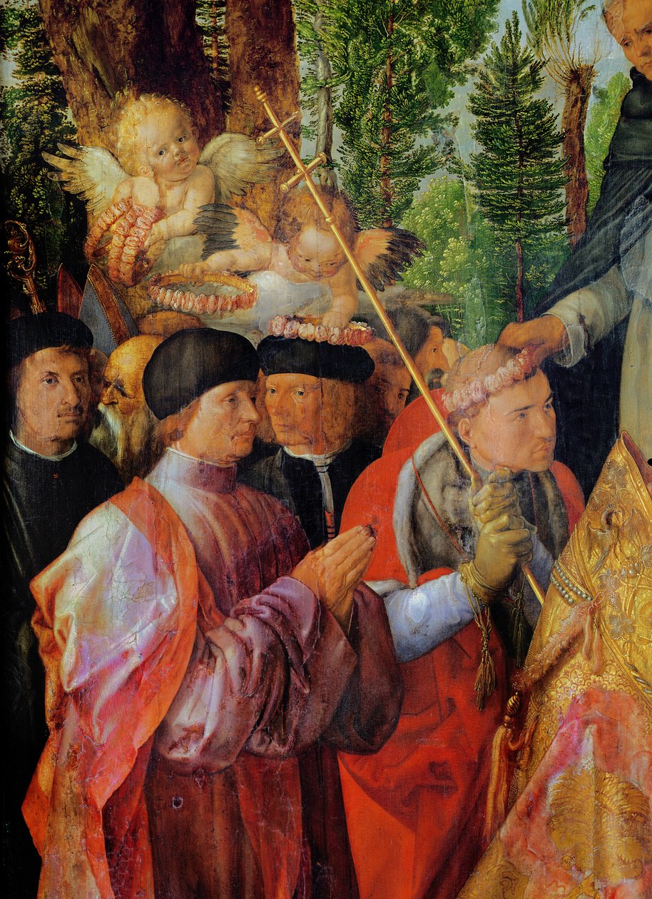 The Festival of the Rose Gardens, detalj til venstre: ber, 1506 (olje på tre) av Albrecht Dürer