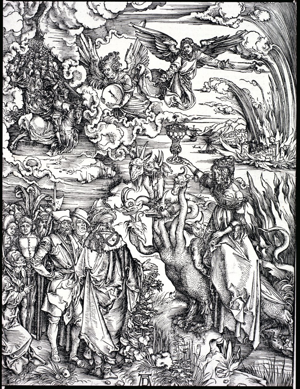 Åpenbaringen av St. Johannes den guddommelige eller Apokalypsen (bw-gravering) av Albrecht Dürer