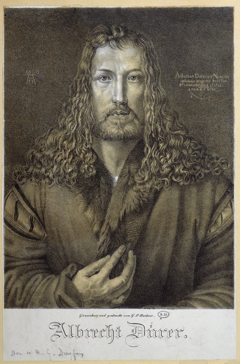 Selvportrett i alderen 28, 1500, gravert av G. P. Buchner av Albrecht Dürer