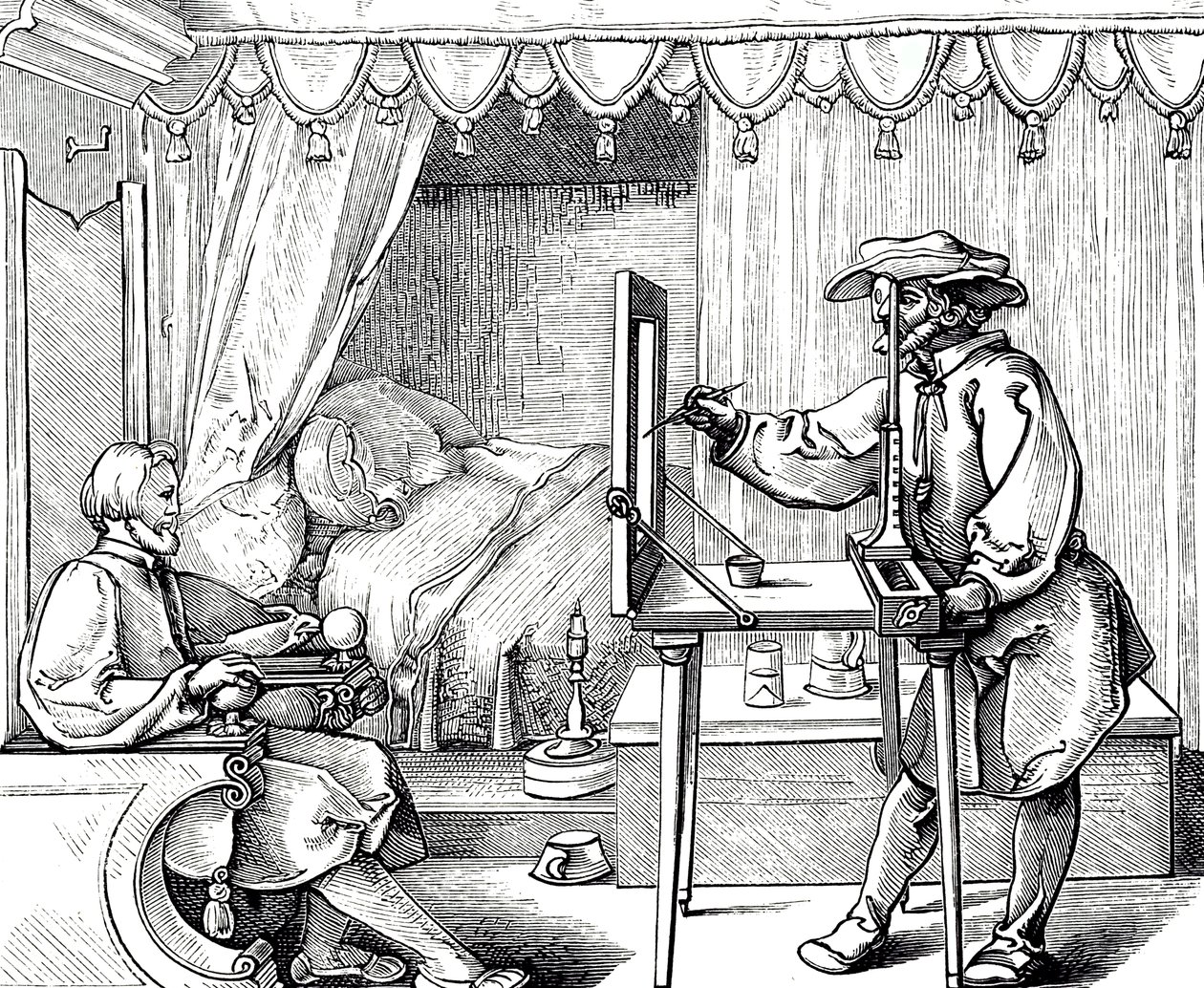 En tresnittsgravering som viser en kunstner som bruker et tegnehjelpemiddel for å få proporsjonene til et portrett riktige. Gravering av Albrecht Dürer (1471-1528), en tysk maler, grafiker og teoretiker fra renessansen av Albrecht (after) Durer or Duerer