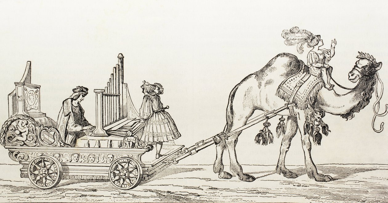 Organisten Paul Hoffaner spiller i en vogn trukket av en kamel, ca. 1880 (gravering) av Albrecht (after) Durer or Duerer