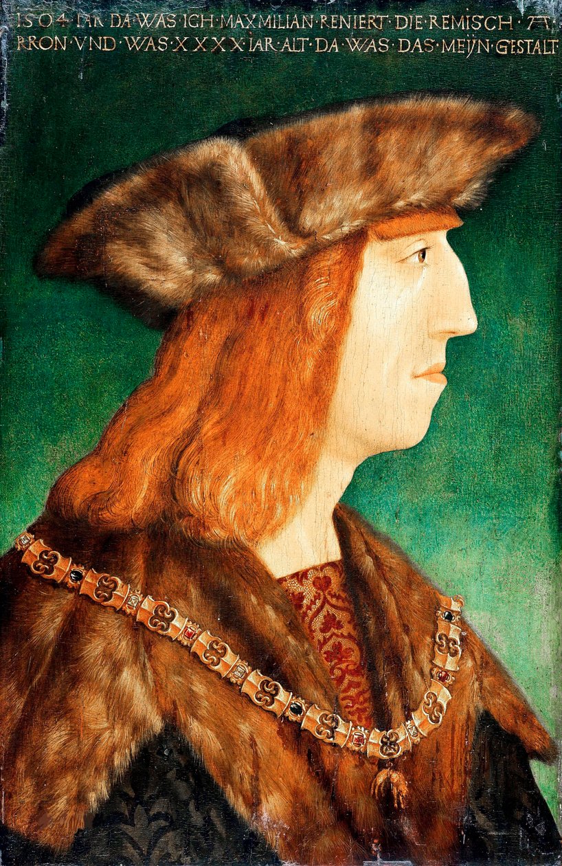 ""Portrett av keiser Maximilian I av Habsburg (1459-1519), den hellige romerske keiser"" Maleri fra verkstedet til Albrecht Durer (1471-1528), etter 1504 - Olje på tre, 54,6x36,1 - Staatliche Museen, Berlin av Albrecht (follower of) Durer or Duerer