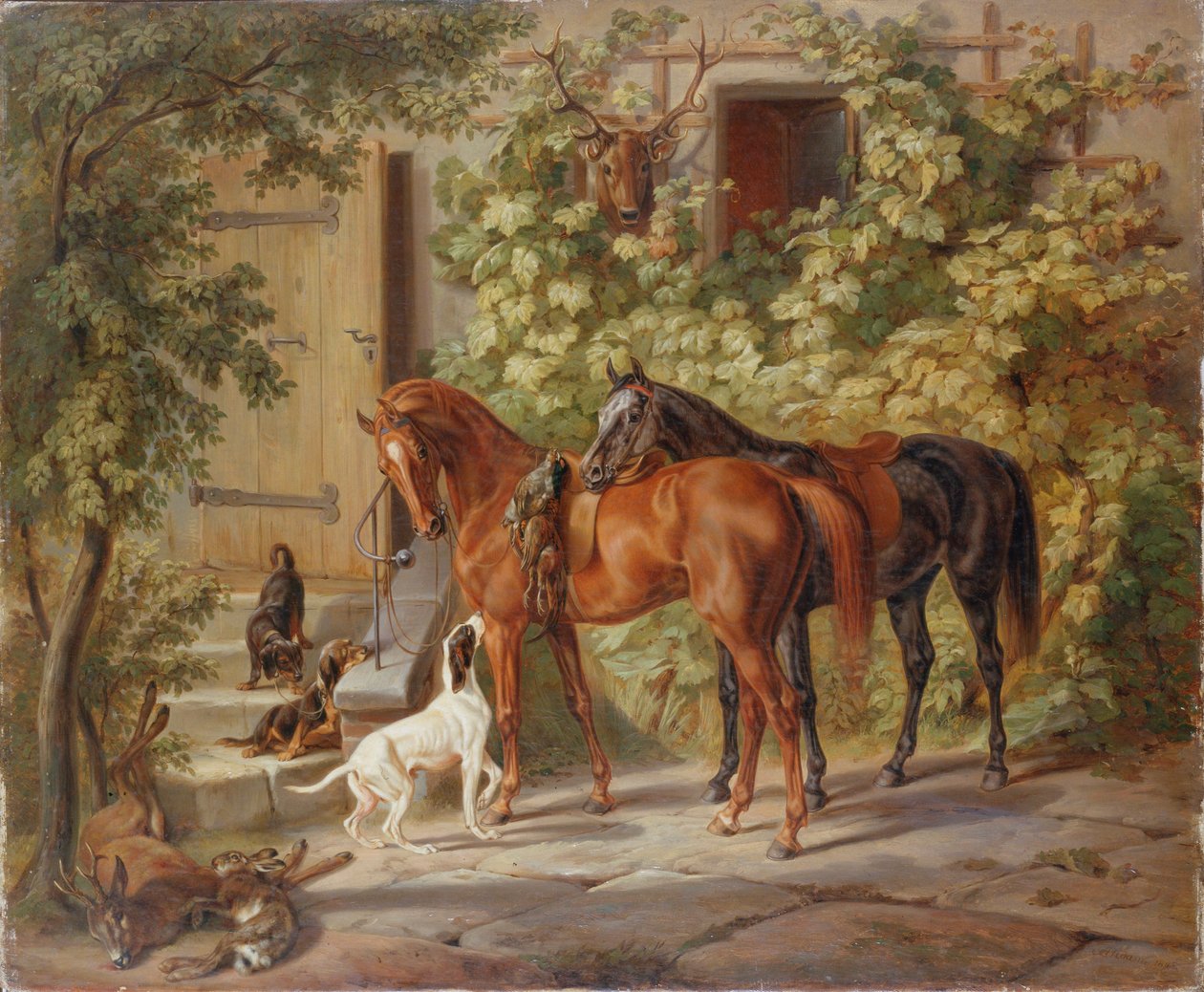 Hester ved verandaen', 1843. av Albrecht Adam