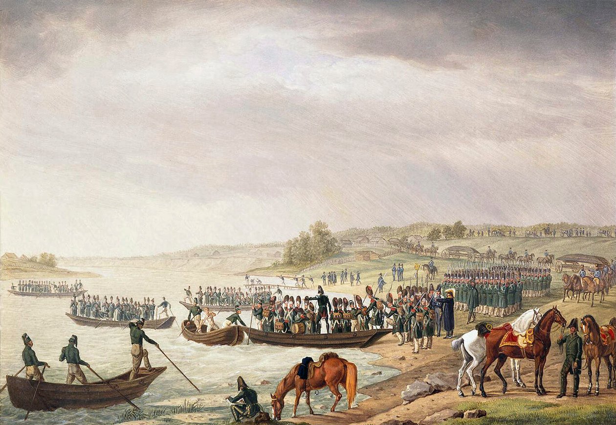 Det italienske korpset Eugene de Beauharnais krysser Niemen 30. juni 1812, 1815. av Albrecht Adam