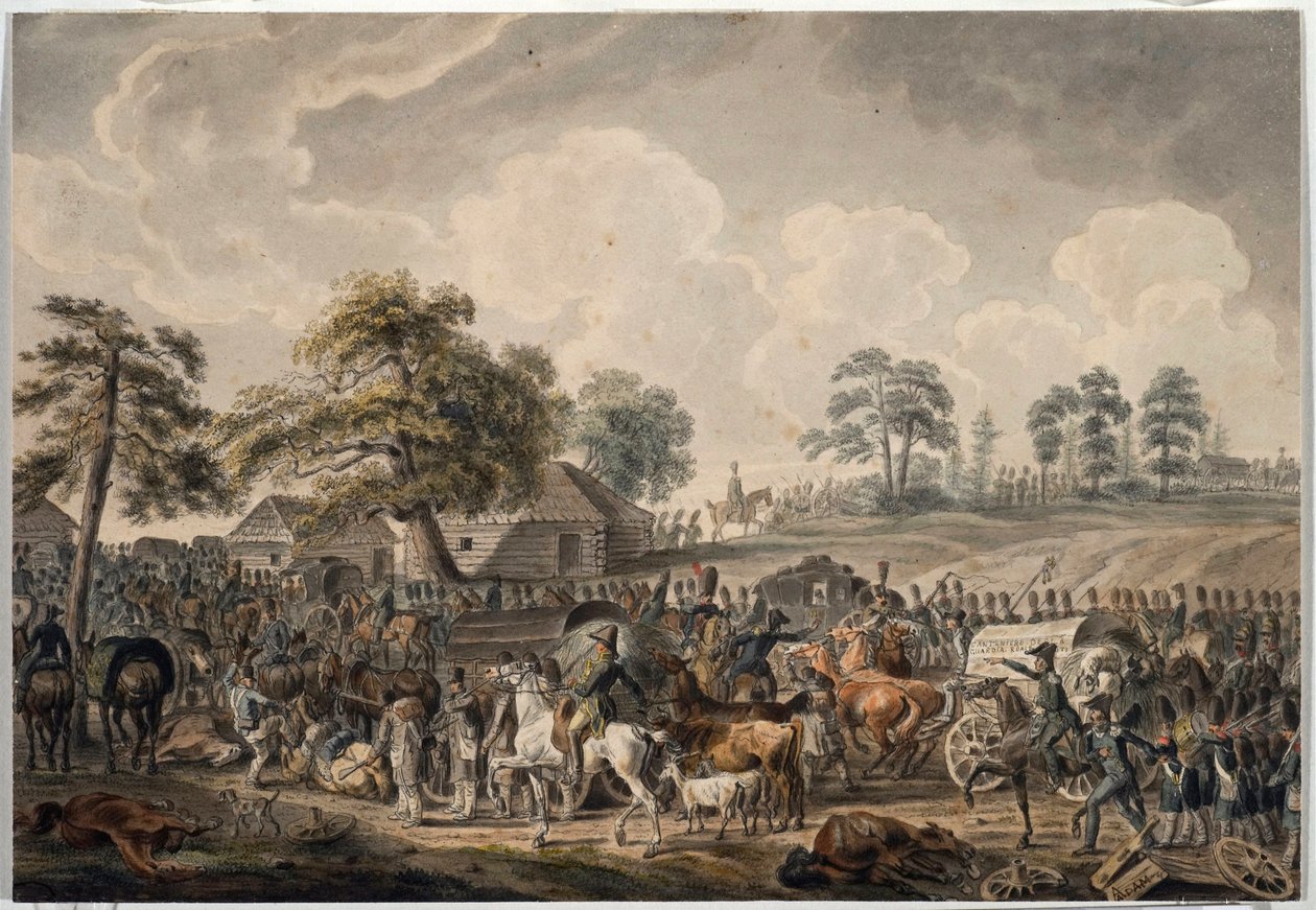 La Grande Armee krysset Daugava-elven (eller Western Dvina) 24. juli 1812 (Den franske hæren krysset Daugava-elven 24. juli av Albrecht Adam