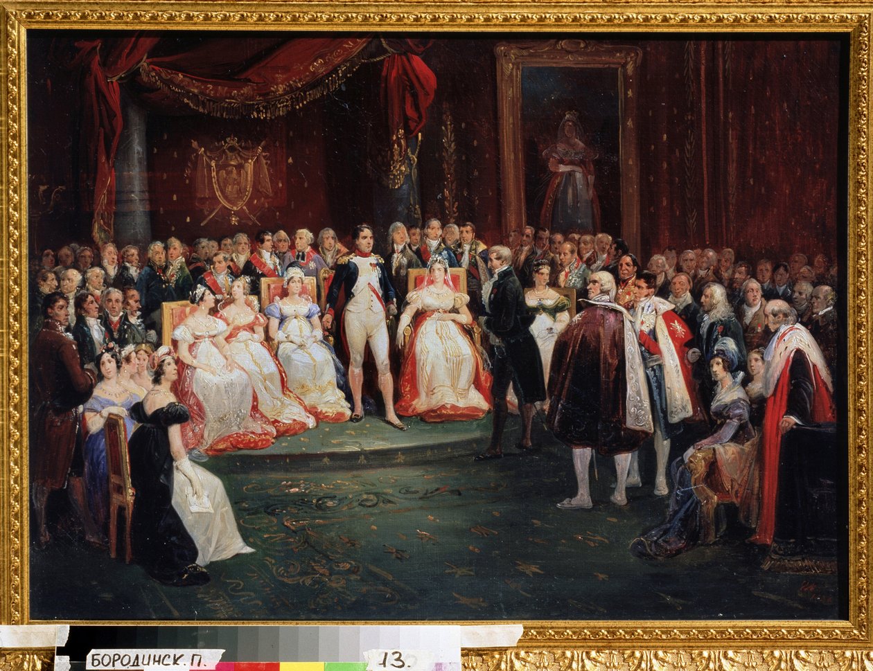 ""Mottakelsen av keiser Napoleon Bonaparte (1769-1821)"": Georges Cuvier (1769-1832), stående foran Napoleon, ble gjort til Ridder av Æreslegionen 26. november 1803. Blant de tilstede i rommet, kan vi merke oss: Madame de Stael av Albrecht Adam