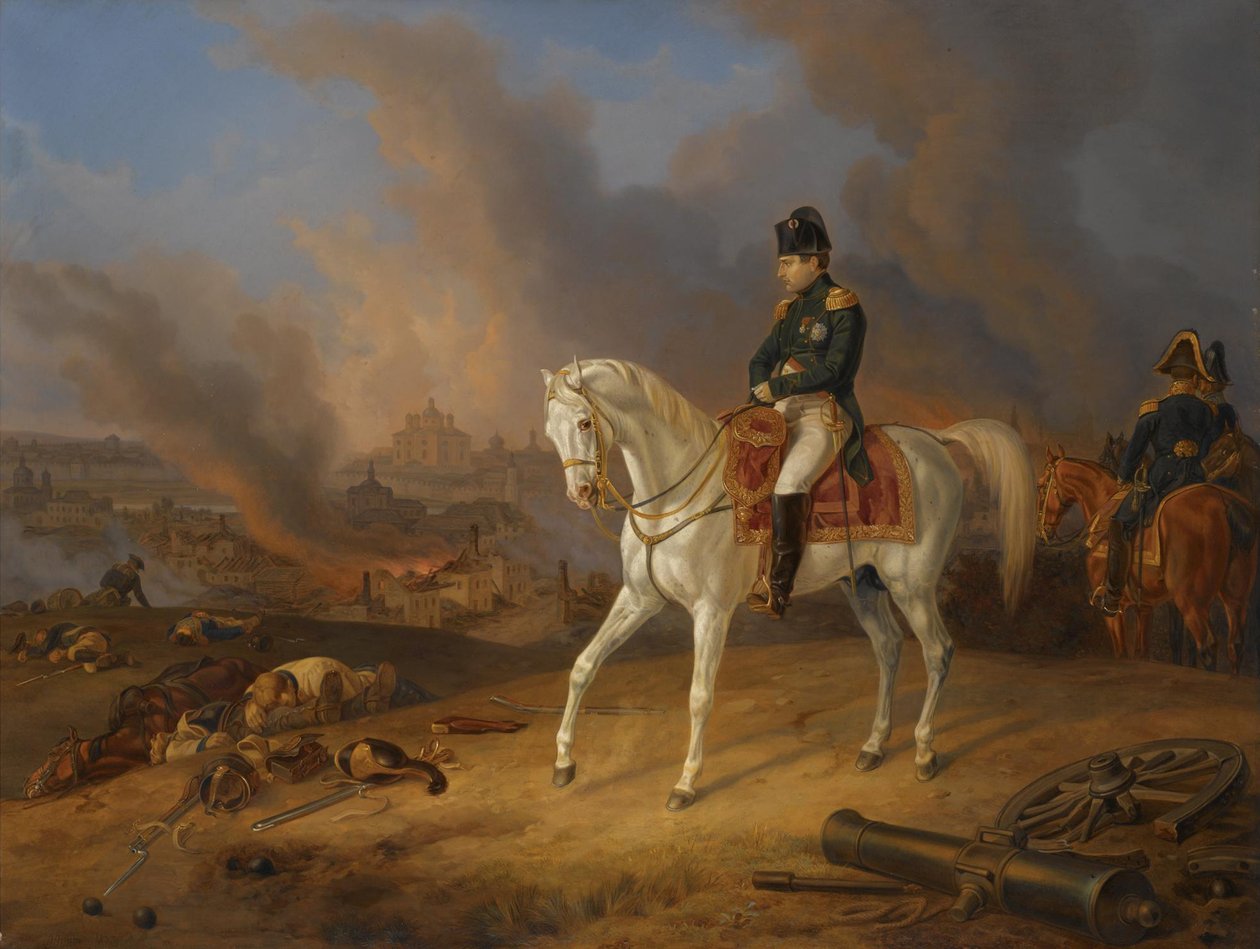 Napoleon Bonaparte før den brennende byen Smolensk av Albrecht Adam