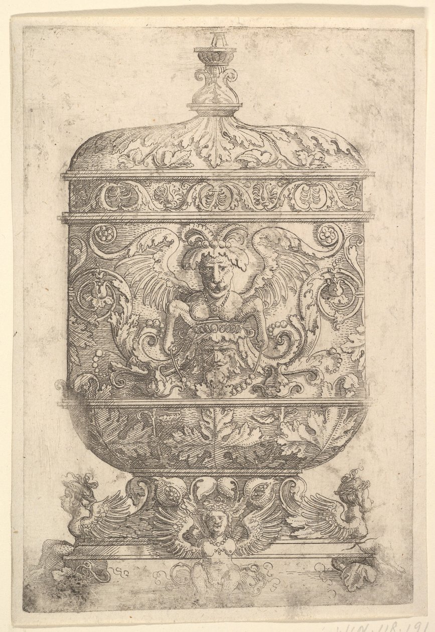 Dekket beger med grotesker på hvit bakgrunn.n.d. av Albrecht Altdorfer