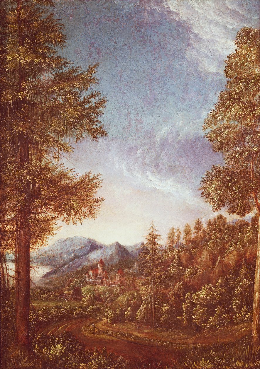 Donaulandskap med Castle Worth, ca. 1522-25 (pergament på bøk) av Albrecht Altdorfer