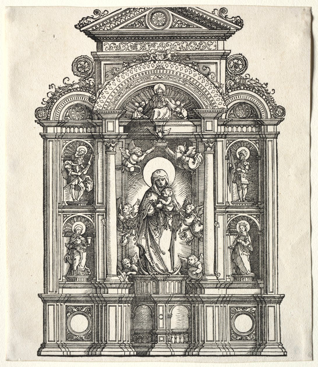 Storalter med jomfruen, i en grense mot SS. Christopher, George, Barbara, Catherine, 1520. av Albrecht Altdorfer