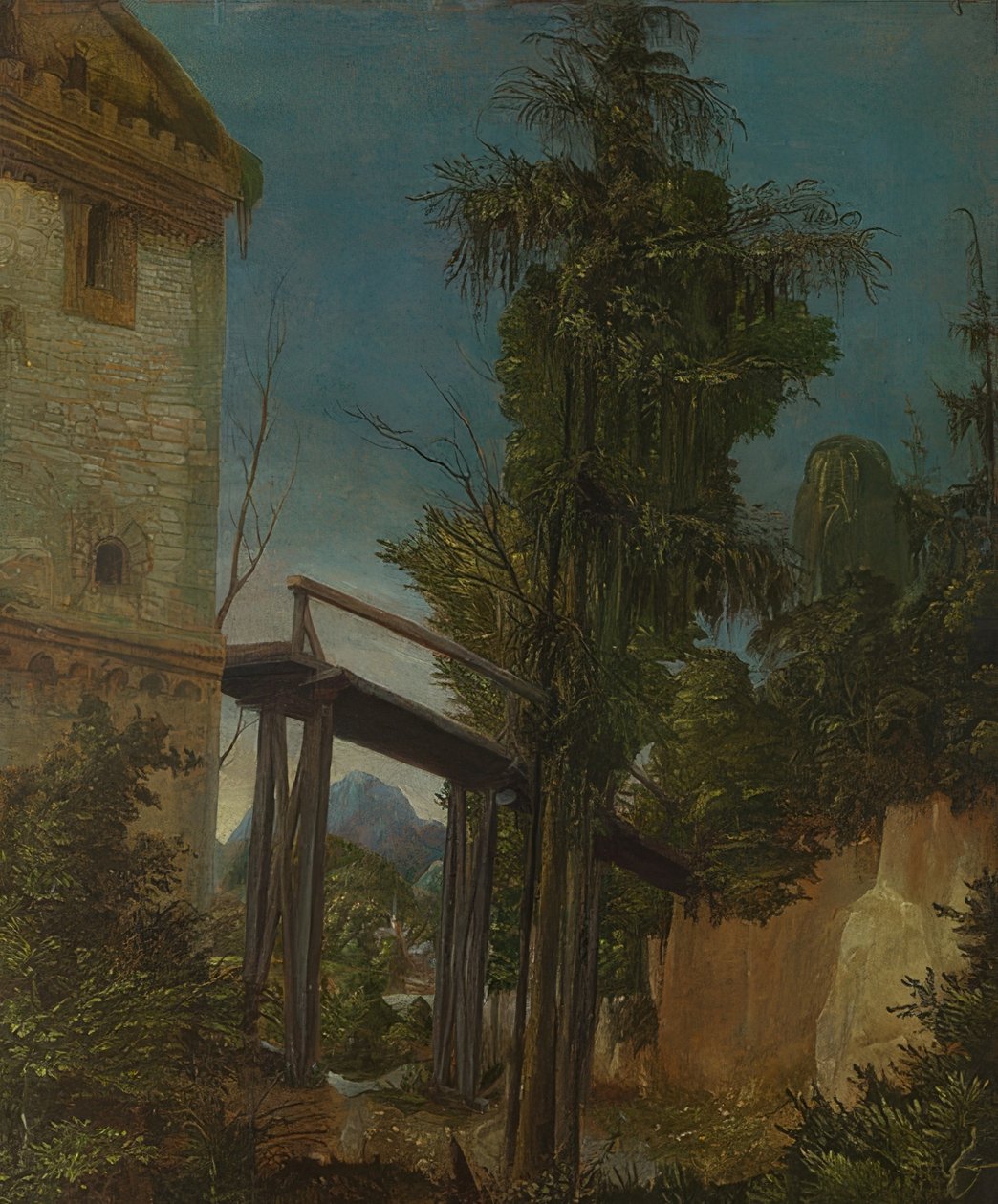 Landskap med gangbro. Rundt 1518-20 av Albrecht Altdorfer