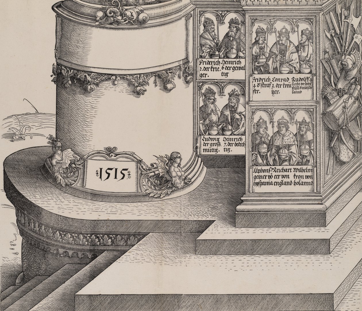 Portretter av Maximilians slektninger og bunnen av venstre ytre søyle med dato 1..., 1515. av Albrecht Altdorfer