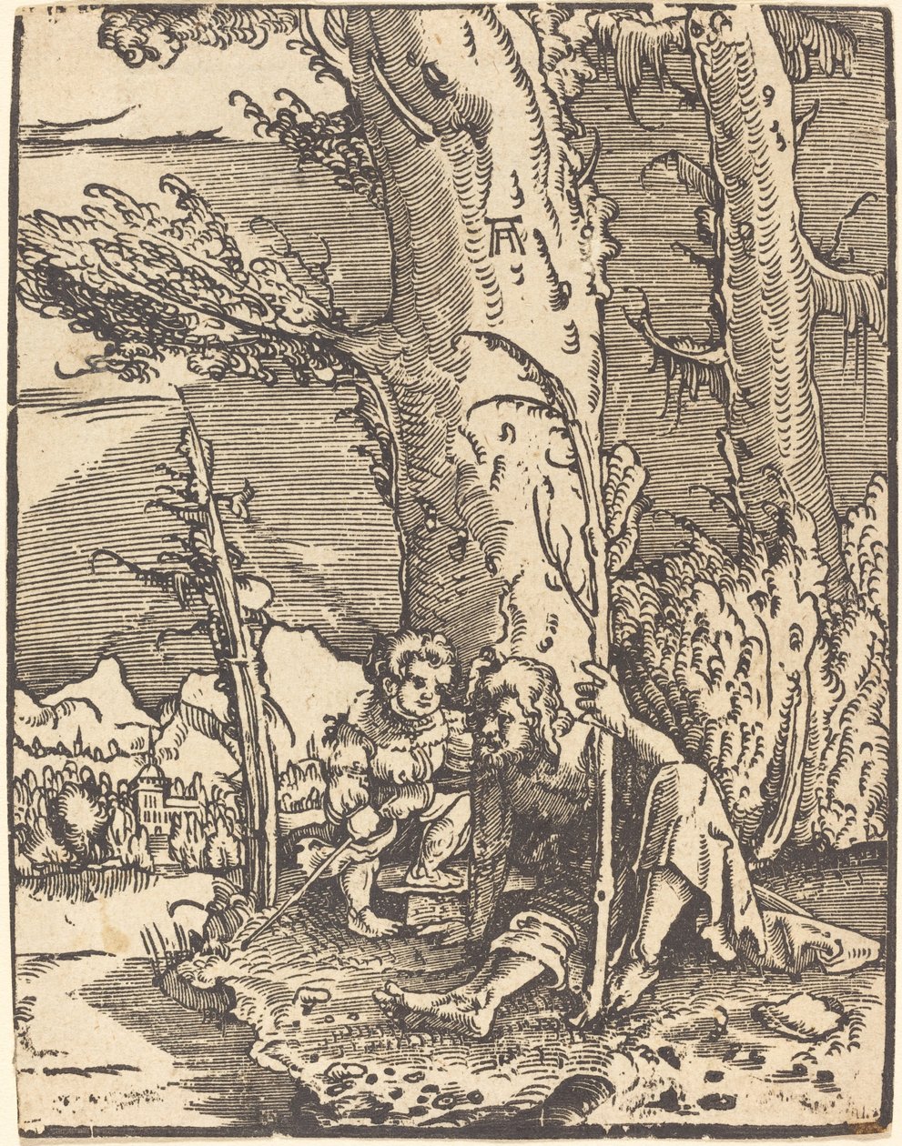 Saint Christopher sitter ved en elvebredd av Albrecht Altdorfer