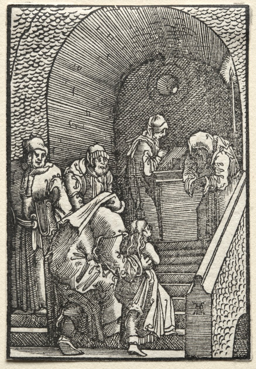 Menneskets fall og forløsning: presentasjonen av jomfruen i tempelet, 1515. av Albrecht Altdorfer