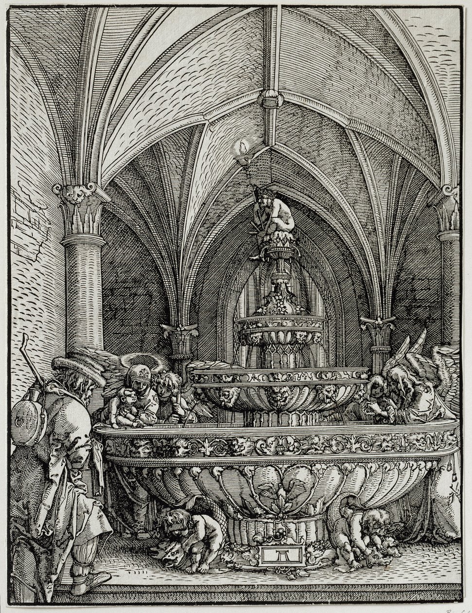 Den hellige familie har fontenen. Gravering av tyske Albrecht Altdorfer (1480-1538). Museet Louvre av Albrecht Altdorfer