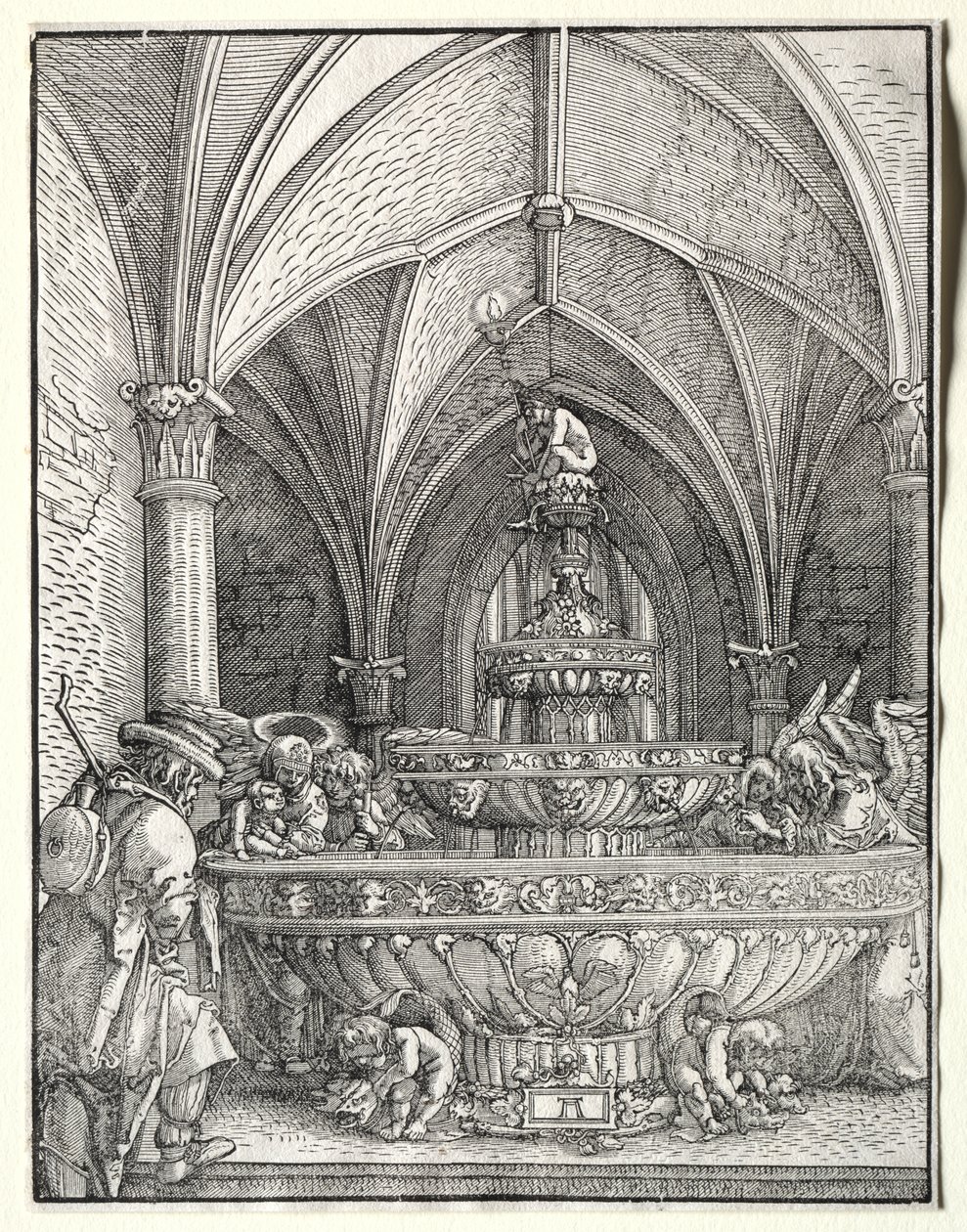 Den hellige familie på flukt til Egypt ved en fontene av Albrecht Altdorfer