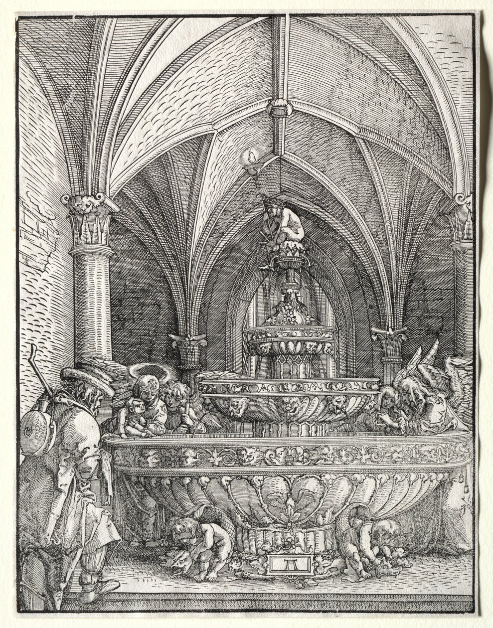 Den hellige familie på flukt til Egypt ved en fontene, ca. 1520. av Albrecht Altdorfer