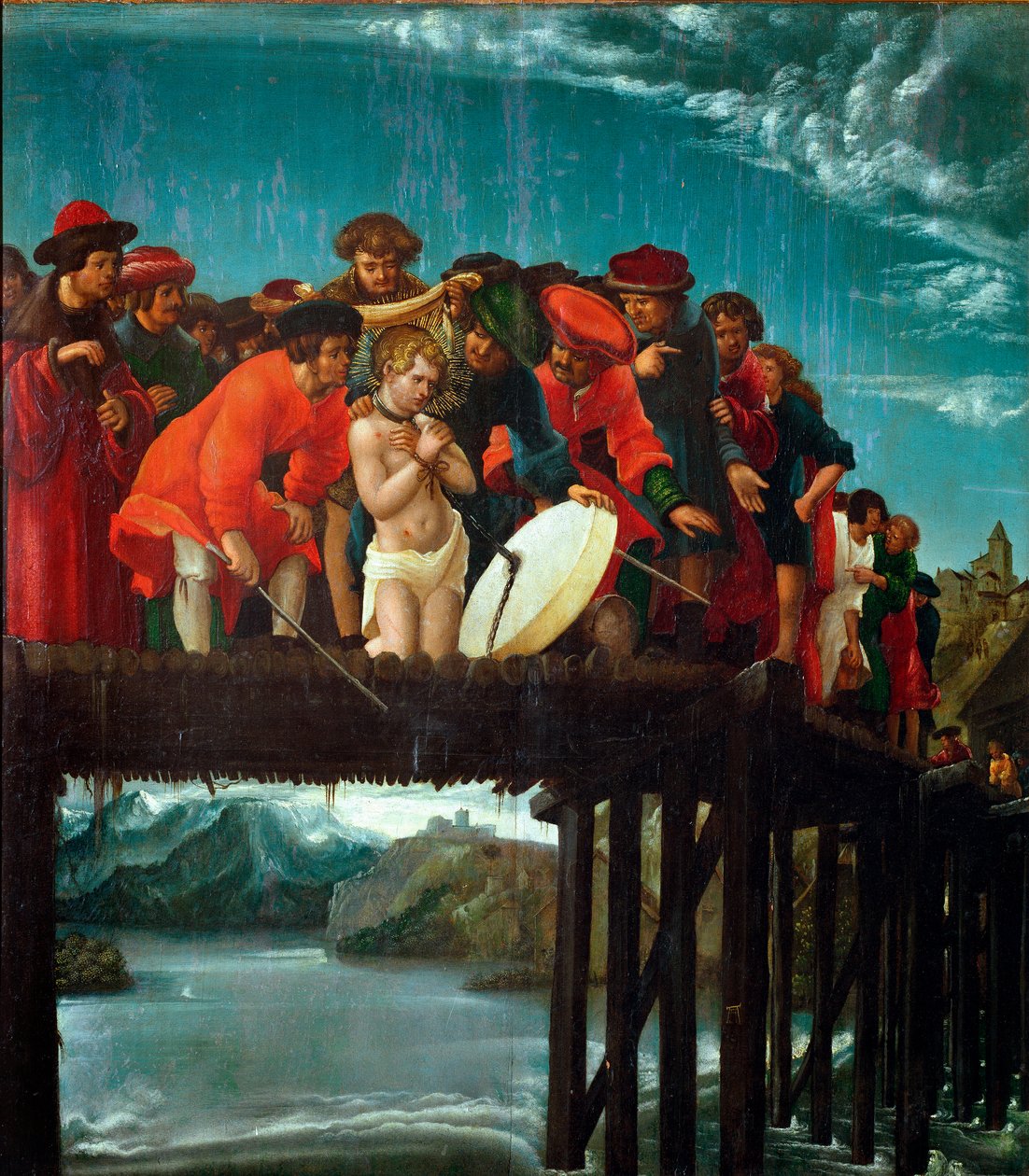 Martyren til Saint Florian Christian Florian, martyrdøden under forfølgelsen av Diokletian, ble kastet i elven nær Lorch i Østerrike i 304 e.Kr. Detalj. Maleri av Albrecht Altdorfer (1480 ca.-1538) 1525-1530 Dim. 76x67 cm Firenze, galleria degl av Albrecht Altdorfer