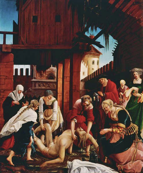 Oppdagelsen av kroppen til helgenen i Cloaca Maxima, fra St. Sebastian-altertavlen av Albrecht Altdorfer
