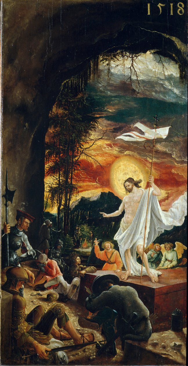 Kristi oppstandelse Han holder en korspinne på enden som svever et hvitt flagg (standard). Maleri av Albrecht Altdorfer (ca. 1480-1538) 1518 Dim. 70x37 cm Vienna Kunsthistorisches Museum av Albrecht Altdorfer