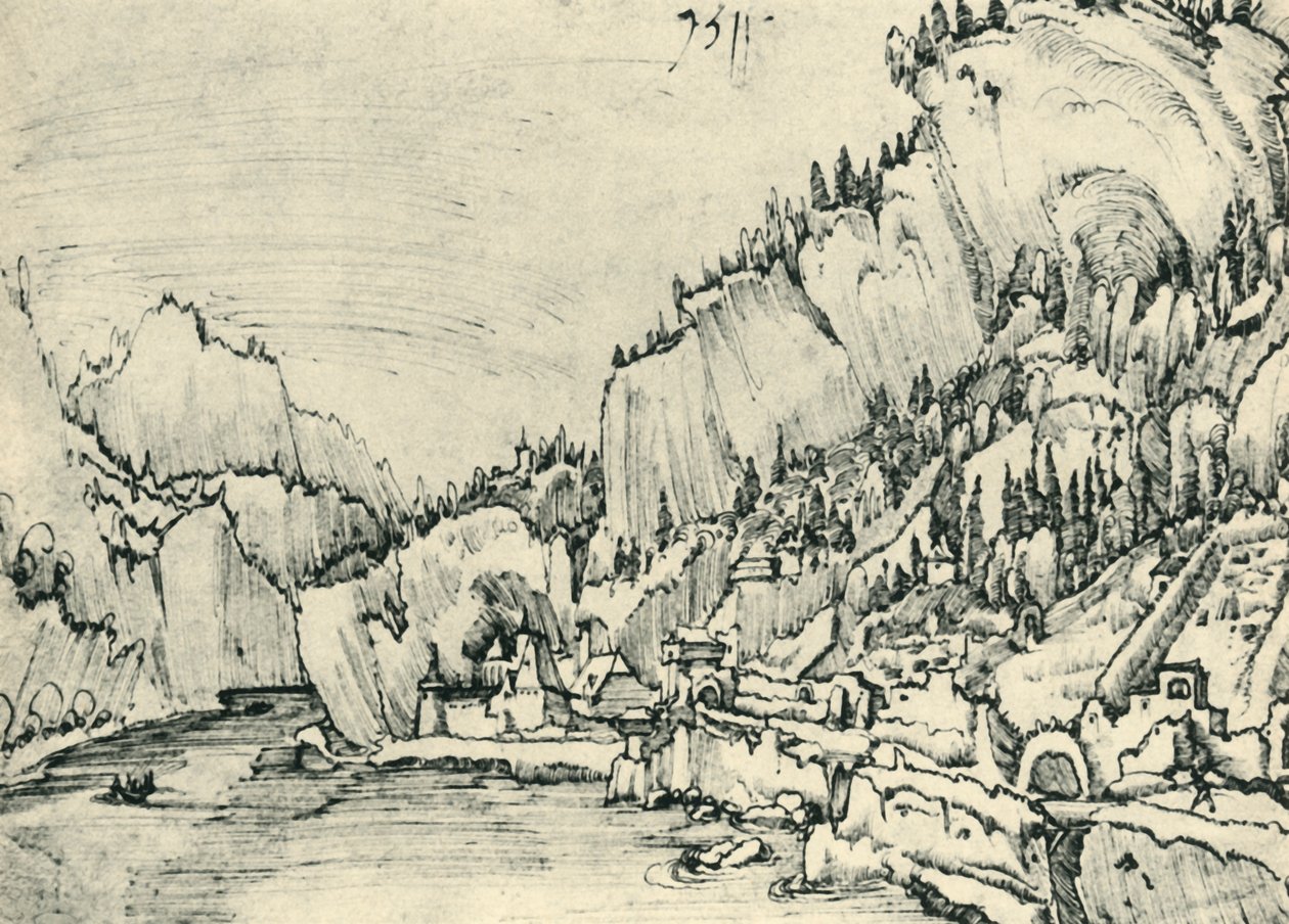 Utsikt over Sarmingstein ved Donau, 1511, 1943. av Albrecht Altdorfer