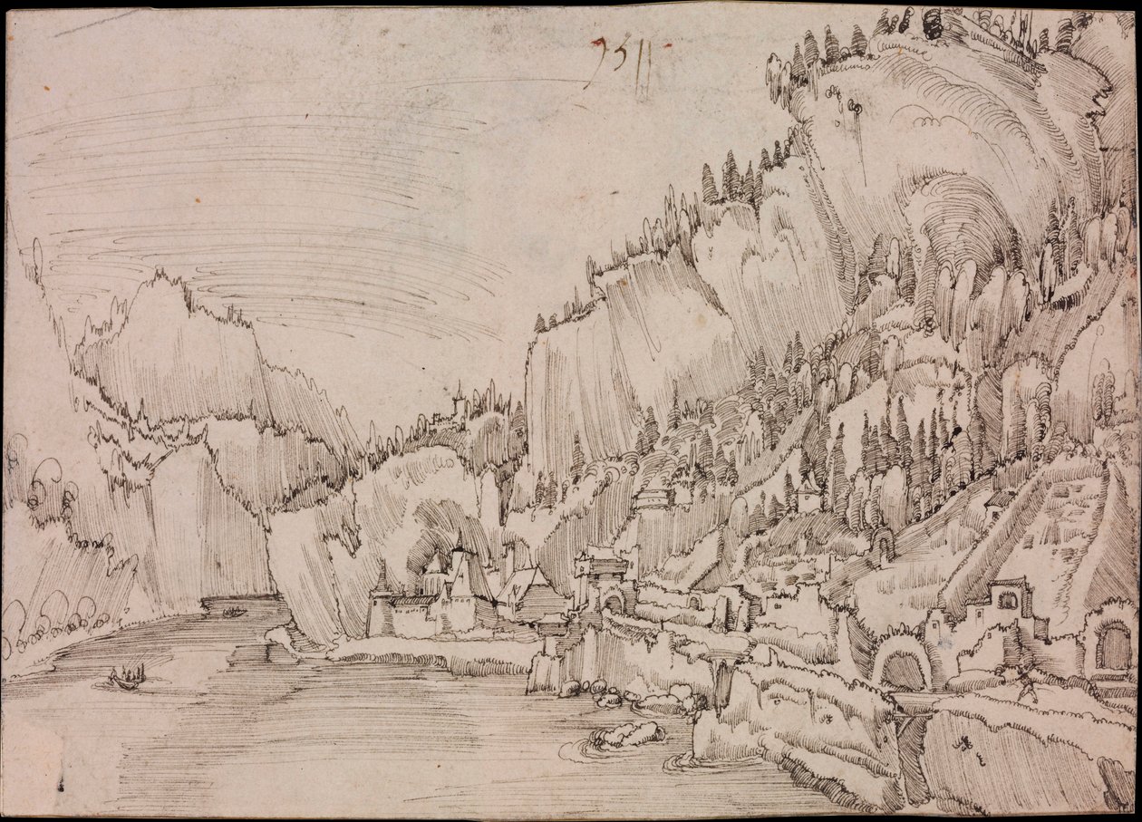 Utsikt over Sarmingstein ved Donau (Østerrike) - Tegning av Albrecht Altdorfer (ca. 1480-1538) av Albrecht Altdorfer