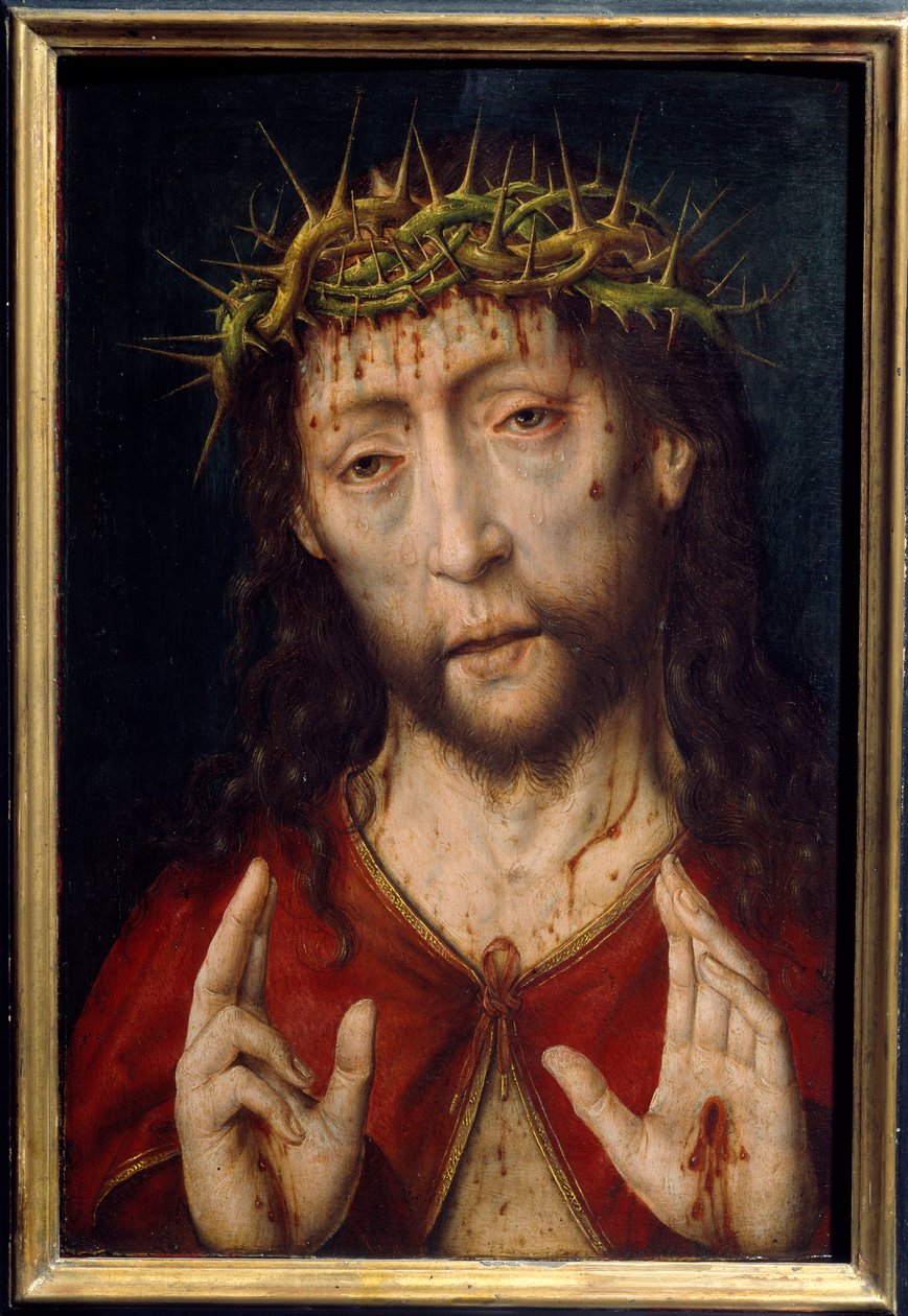 Smertens Kristus. Kristi ansikt i blodsår ved tornekronen med stigma i håndflatene. Maleri av Albrecht Bouts (v.1455-1549) Ec. Hol. av Albrecht Bouts