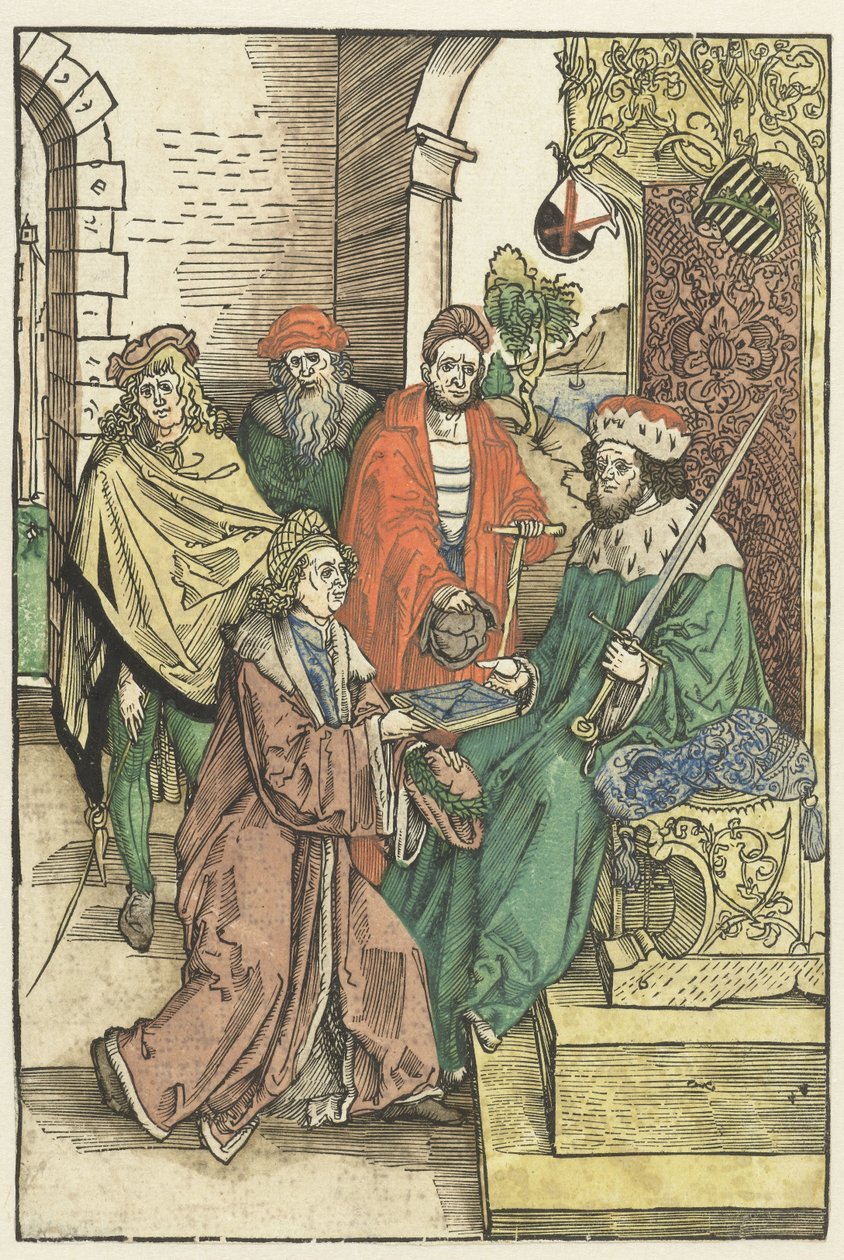 Conrad Celtis tilbyr Frederick III den vise, kurfyrst av Sachsen, en bok med arbeidet til Roswitha van Gandersheim av Albrecht Dürer (attributed to)