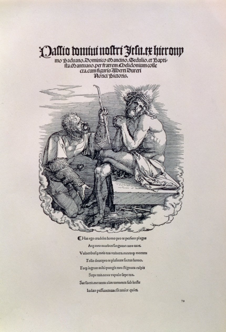 En romersk soldat som håner Kristus, med kunstnerens navn på latin over og under et dikt som berømmer mannen for hans synder, tittelside til serien The Great Passion, pub. 1511 av Albrecht Dürer