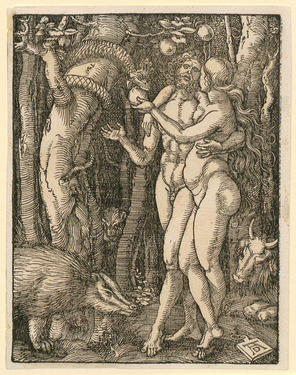 Adam og Eva, blad 2 fra serien "Den lille tresnittspasjonen" av Albrecht Dürer