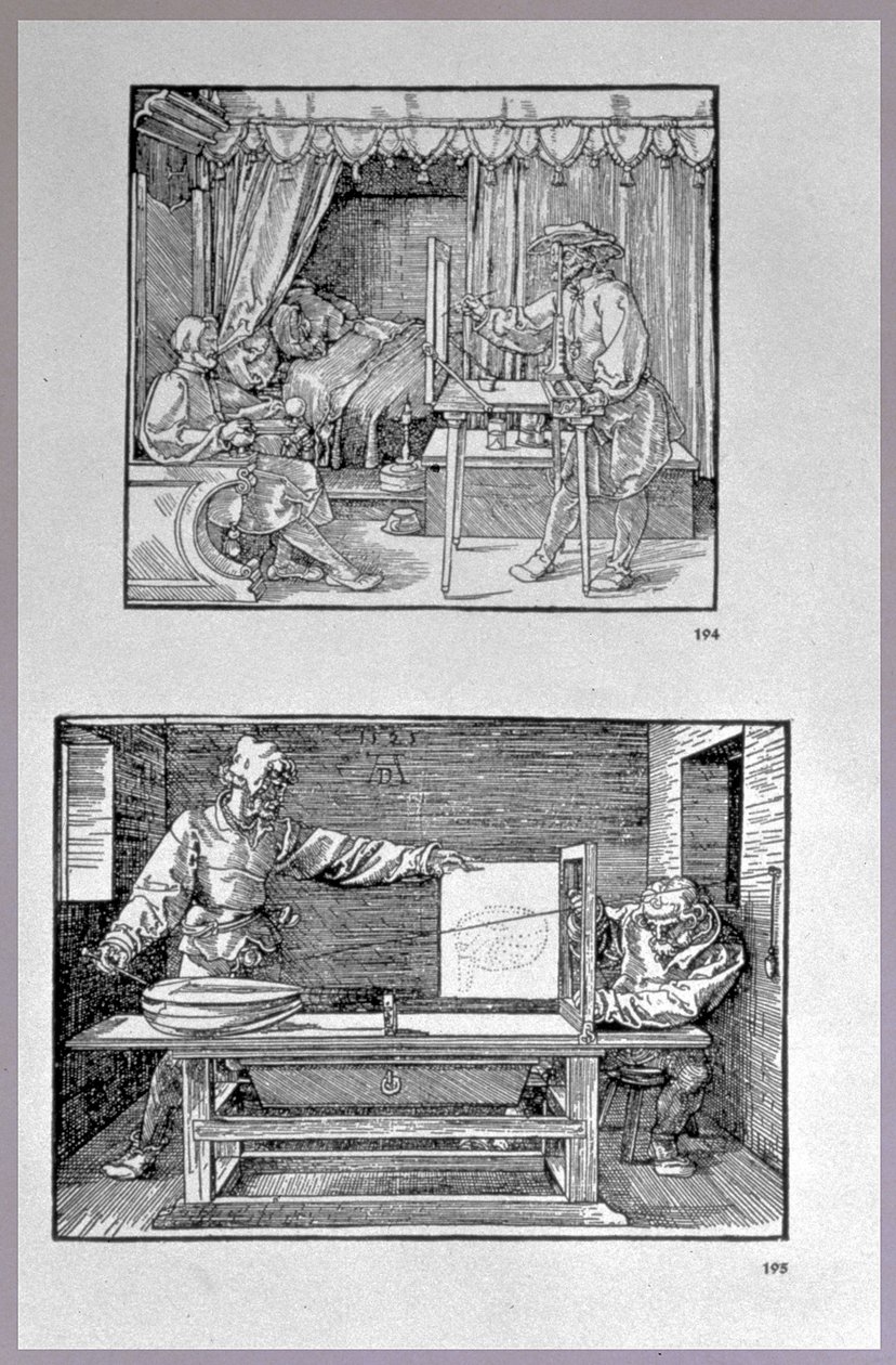 Apparat for å oversette tredimensjonale objekter til todimensjonale tegninger, to scener fra kunstnerens første tekniske bok Introduction in the Art of Measurement with Compass and Ruler, writt av Albrecht Dürer