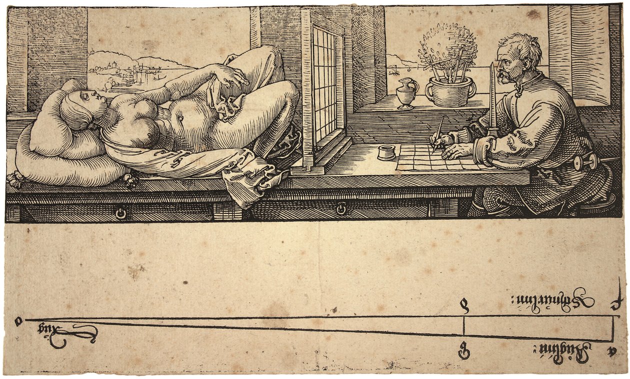 Kunstner tegner en naken med perspektivenhet, 1538 av Albrecht Dürer