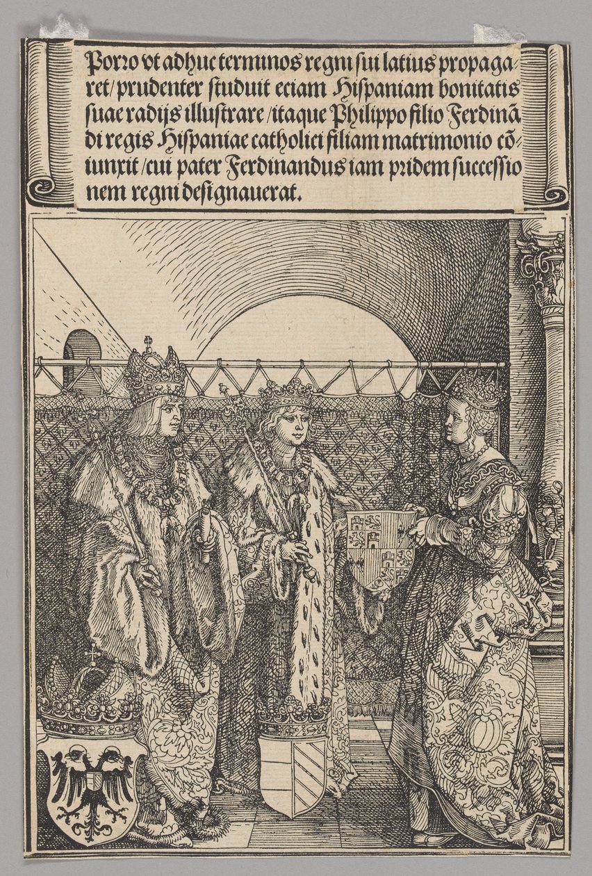 Trolovelse av Philippe med Johanna, plate 15 fra historiske scener fra livet til keiser Maximilian I fra triumfbuen av Albrecht Dürer