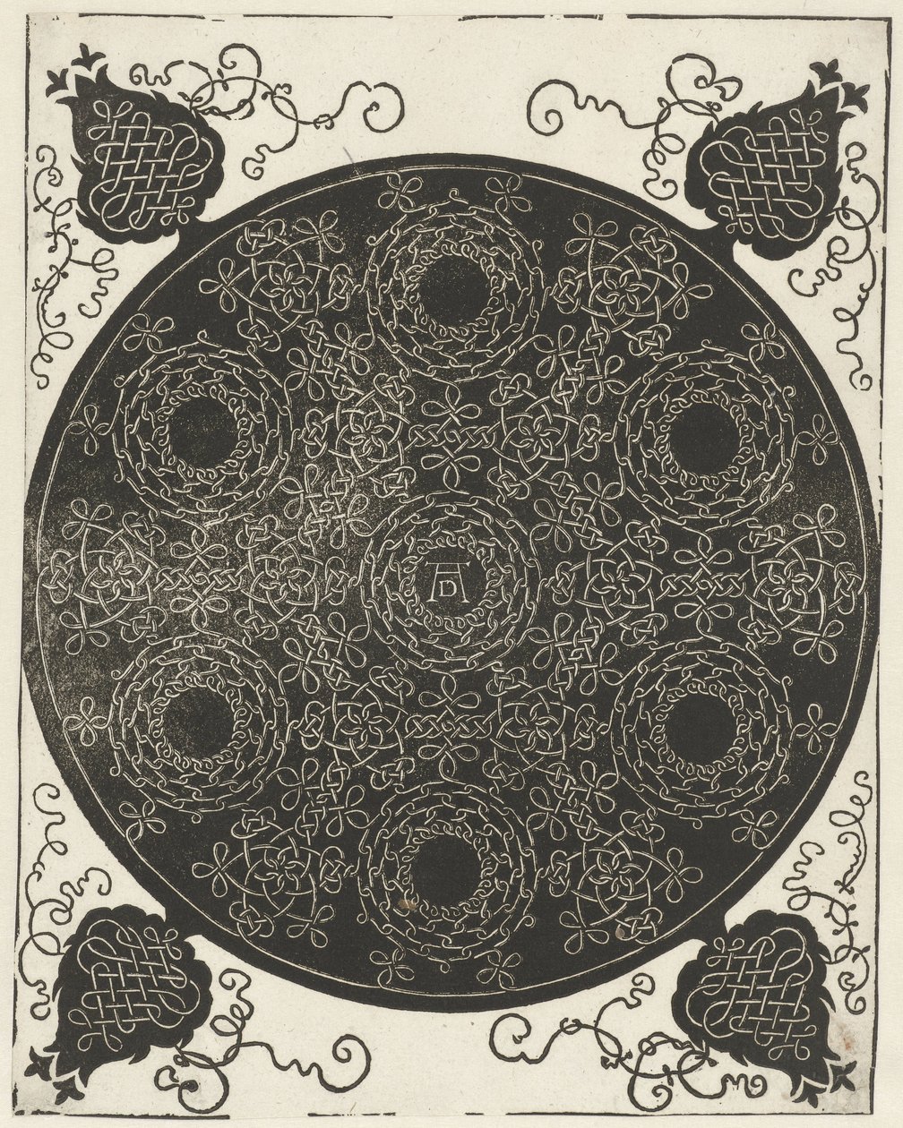 Broderieksempel med syv kransformede motiver av Albrecht Dürer