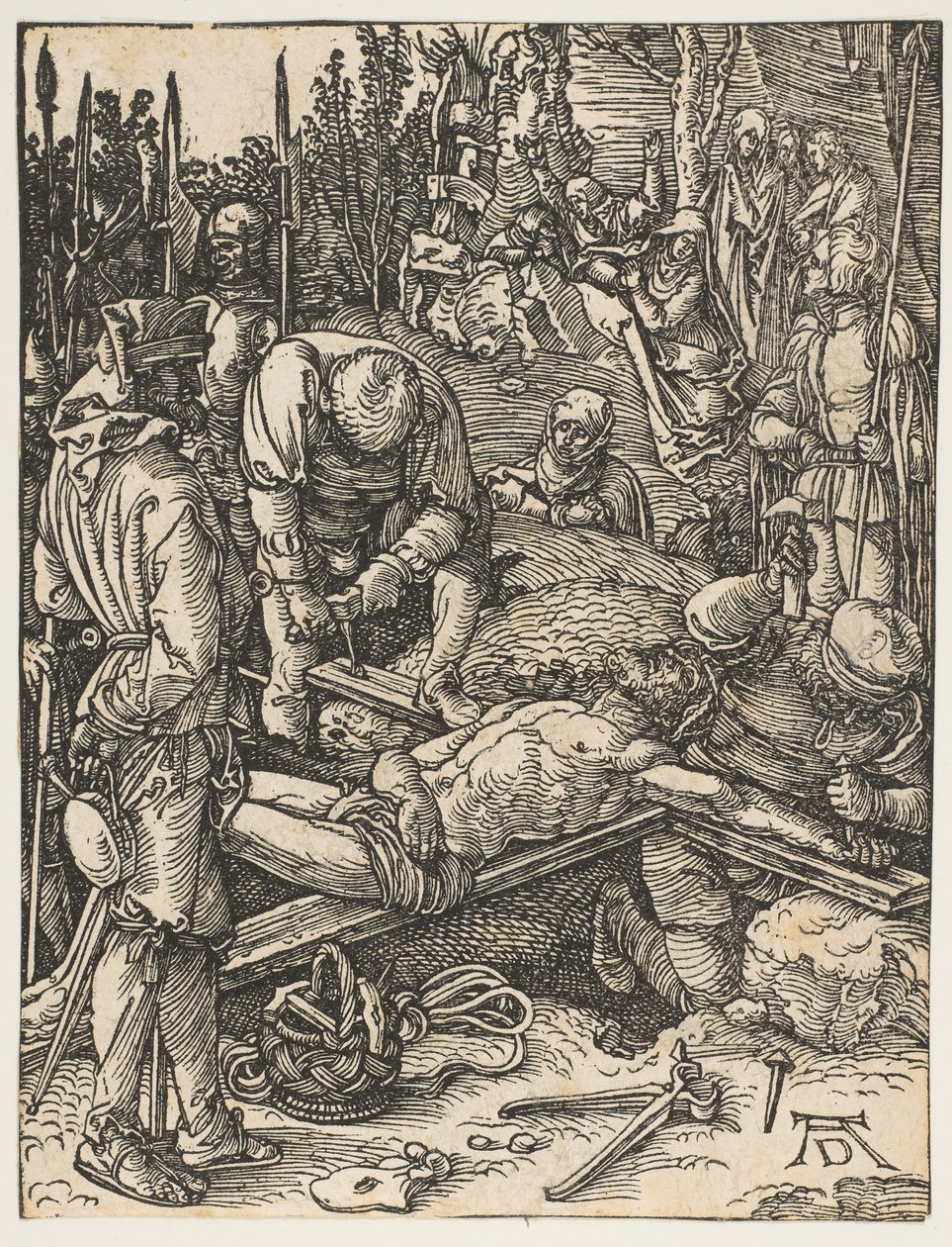 Kristus naglet til korset, fra The Small Passion, ca. 1509. av Albrecht Dürer