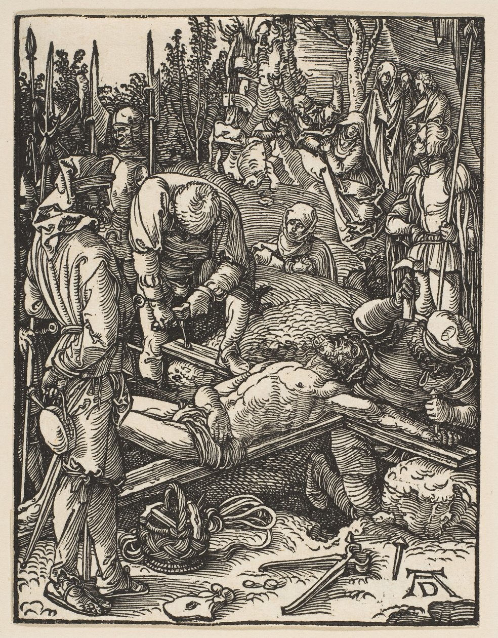 Kristus naglet til korset, fra The Small Passion, ca. 1509. av Albrecht Dürer